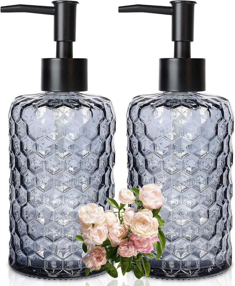 Ulable Clear Charcoal Blue Glass Soap Dispenser with Pump, 16oz Honeycombed Design Hand Soap Dispenser, Refillable Lotion & Dish for Dishwashing Liquid, Lotion - Image 1